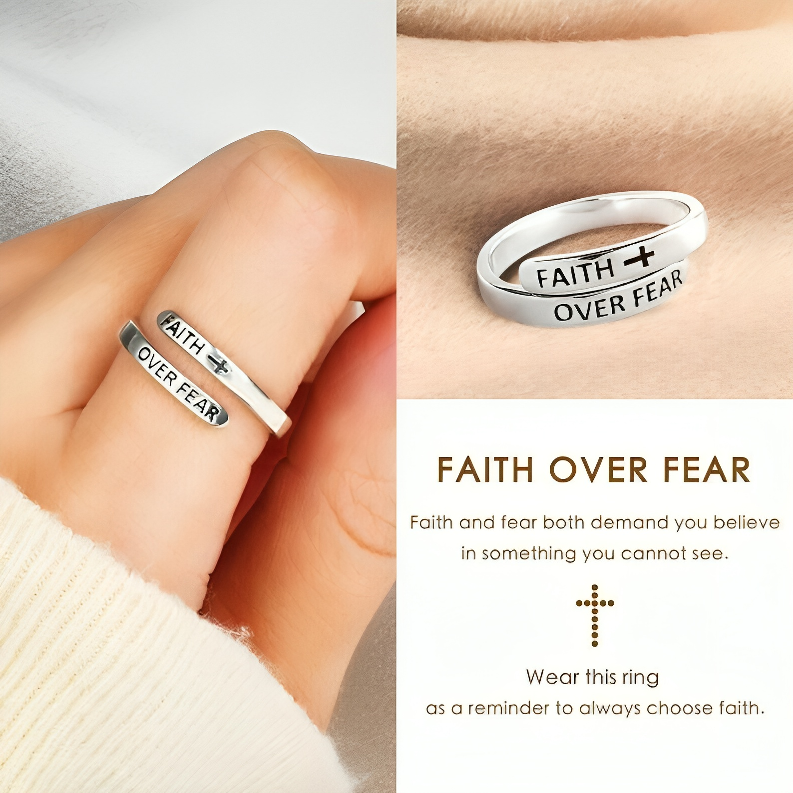 KISSFAITH-Faith Over Fear Cross Ring, Sterling Silver Adjustable Ring