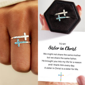 KISSFAITH-Sister In Christ Pave Double Cross Ring Adjustable Ring