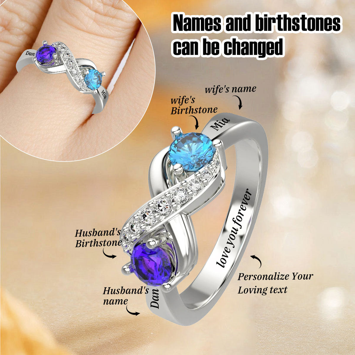 KISSFAITH-Personalized Promise Birthstones Ring For Couple
