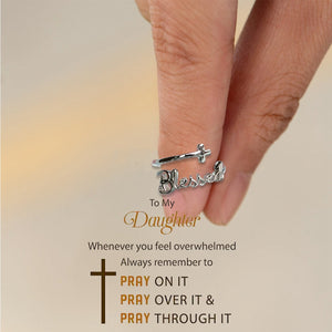 KISSFAITH-TO Daughter Blessed Script Sterling Silver Cross Adjustable Ring