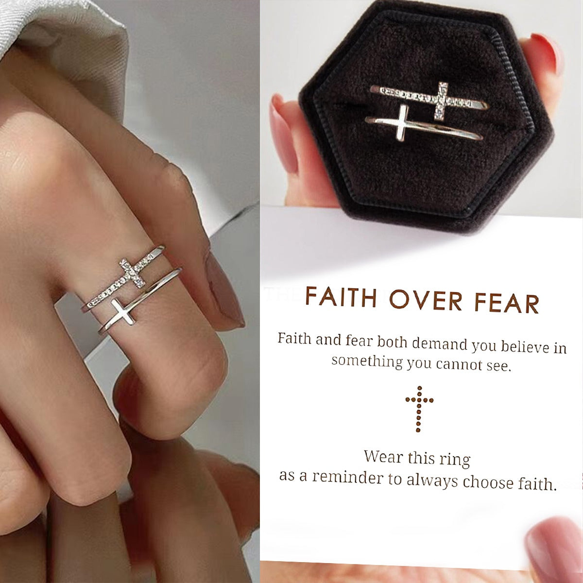 KISSFAITH-Faith Over Fear Cross Ring, Sterling Silver Adjustable Ring