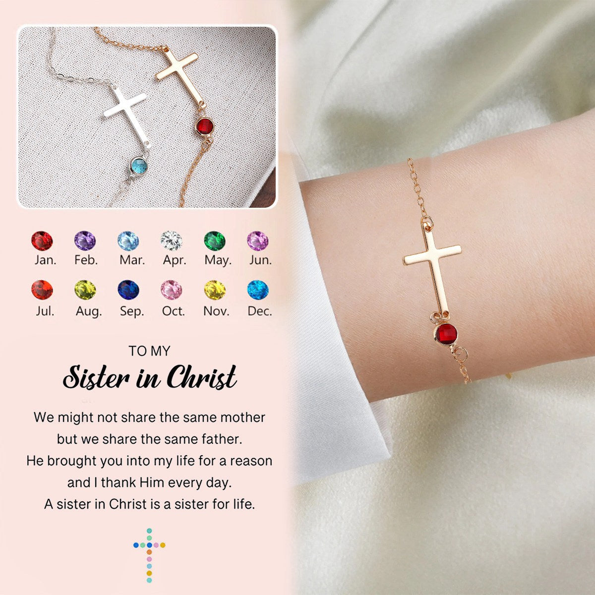 KISSFAITH-Personalised Cross Bracelet with Birthstone, Religious Bracelet