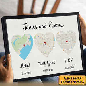 Hello - Will You - I Do - Standard Style - Map Canvas Print, Anniversary Gift