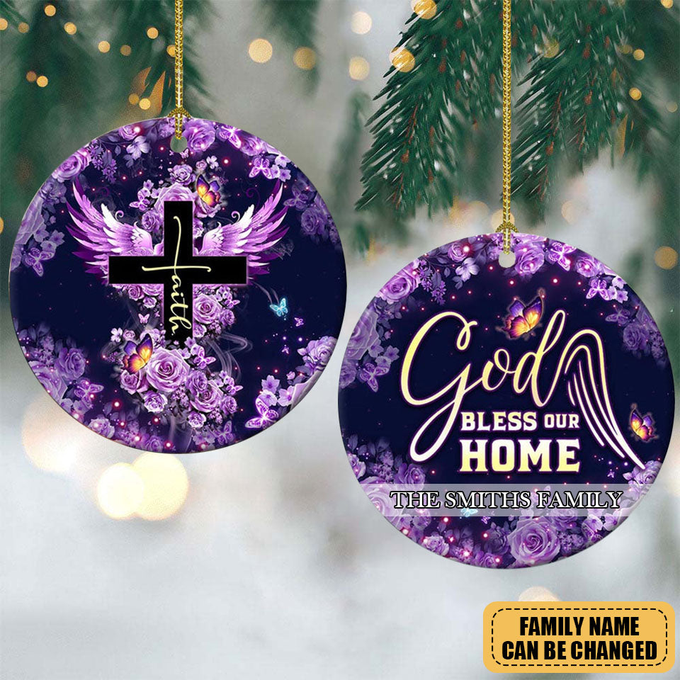 Jesus God Bless Our Home Butterfly - Personalized Circle Ornament(Porcelain)