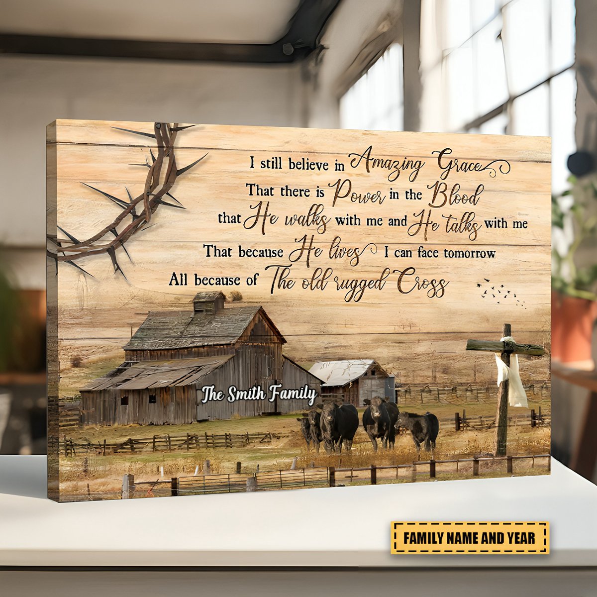 KISSFAITH-I Still Believe In Amazing Grace - Personalized Christian Canvas-Tranquil farm, Wooden Cross