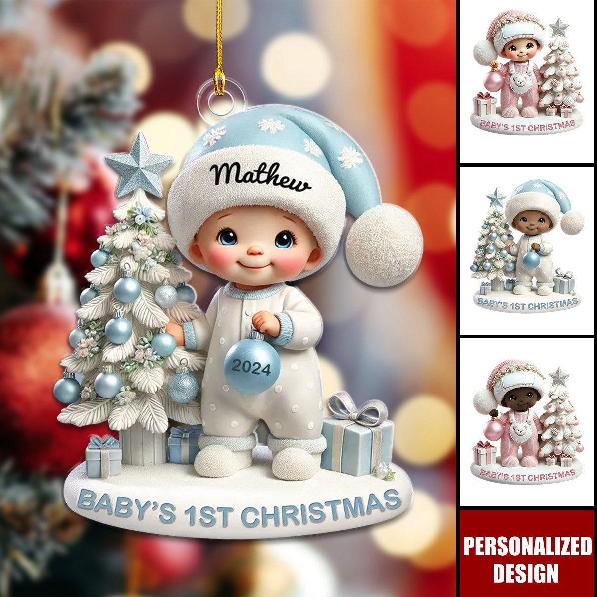 Cute Baby Standing Beside Christmas Tree 3D Effect Baby's First Christmas Personalized Ornament