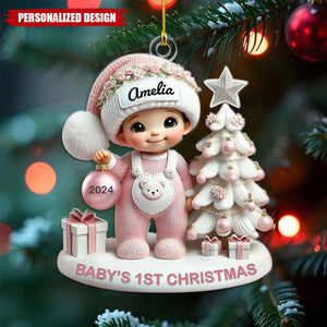 Cute Baby Standing Beside Christmas Tree 3D Effect Baby's First Christmas Personalized Ornament