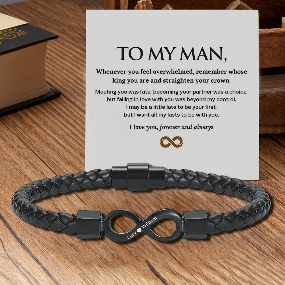 KISSFAITH-To My Man, Personalized Dual Name Infinity Leather Bracelet