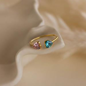 Personalized Couple Promise Heart Double Heart Birthstones Ring