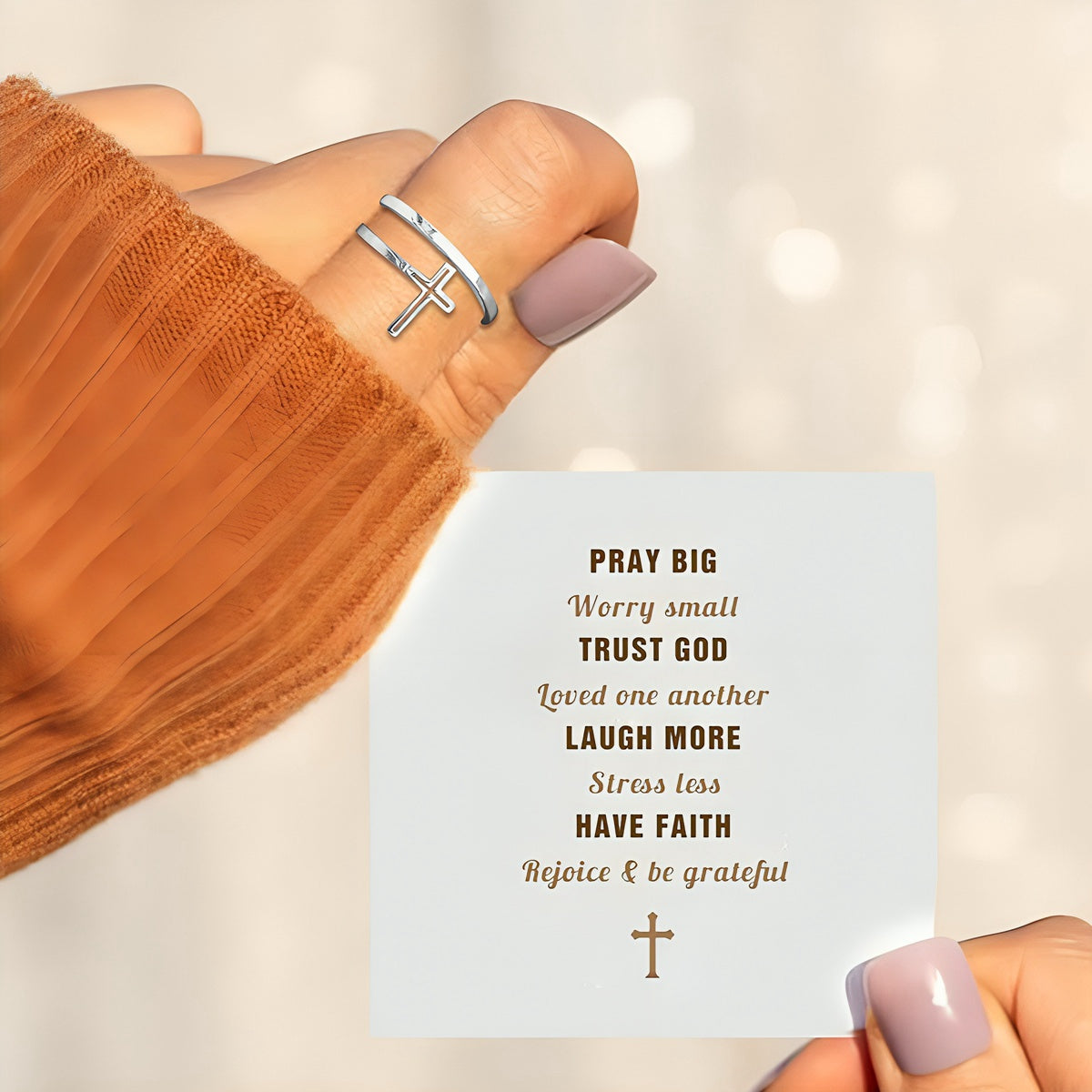 KISSFAITH- Christan Double Wrap Upright,By-Pass Mini Sterling Silver Cross Adjustable Ring