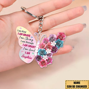 KISSFAITH- Personalized Custom Name I Am Kind Butterfly Floral Keychain