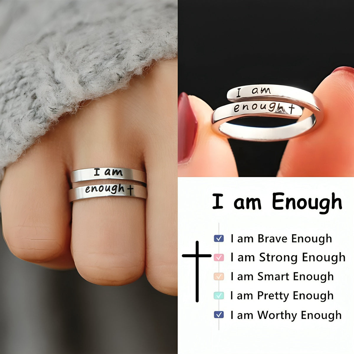 KISSFAITH- Christan Silver Cross Adjustable Ring - I Am Enough Ring