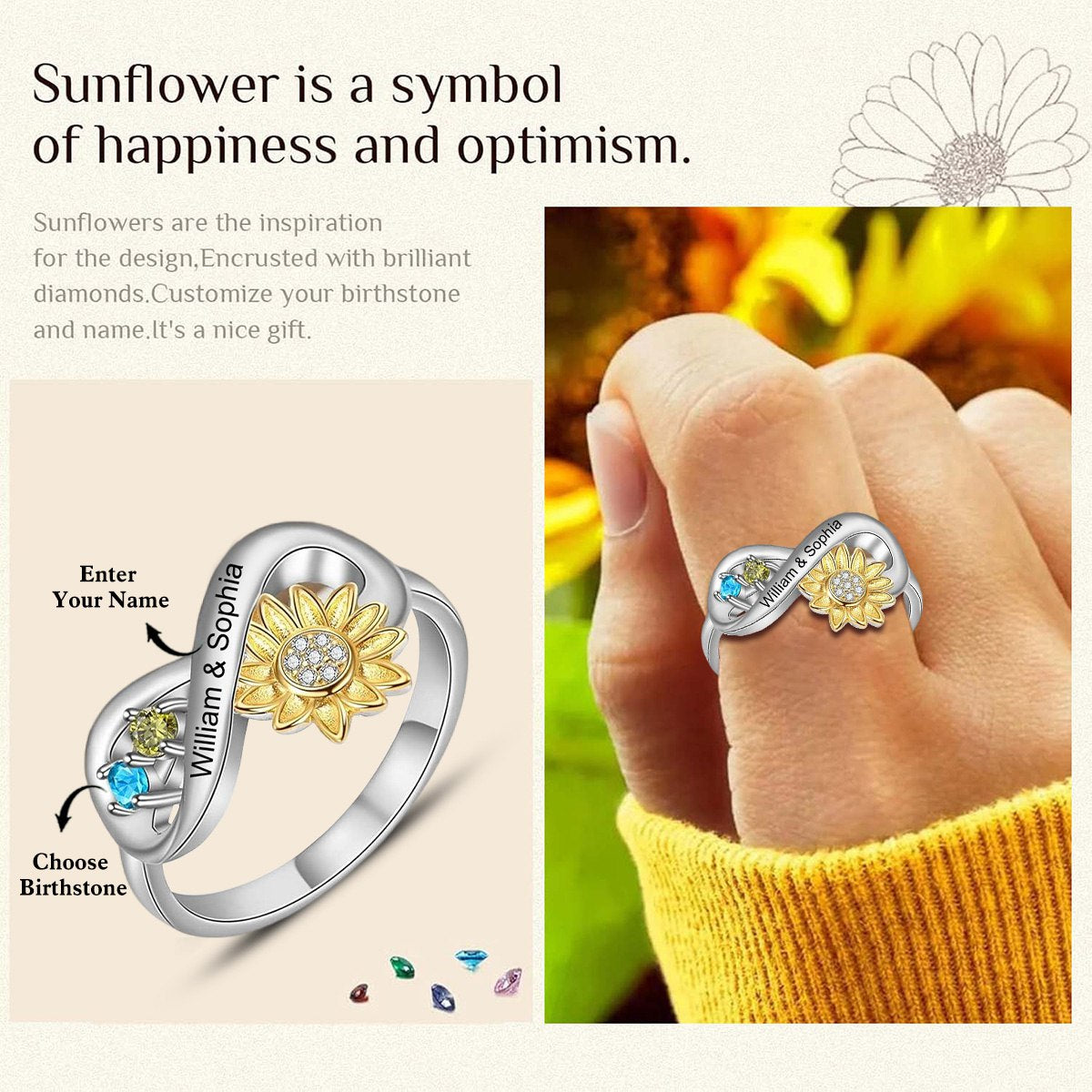 Personalized Sunflower Couple Promise Ring with Birthstones & Names