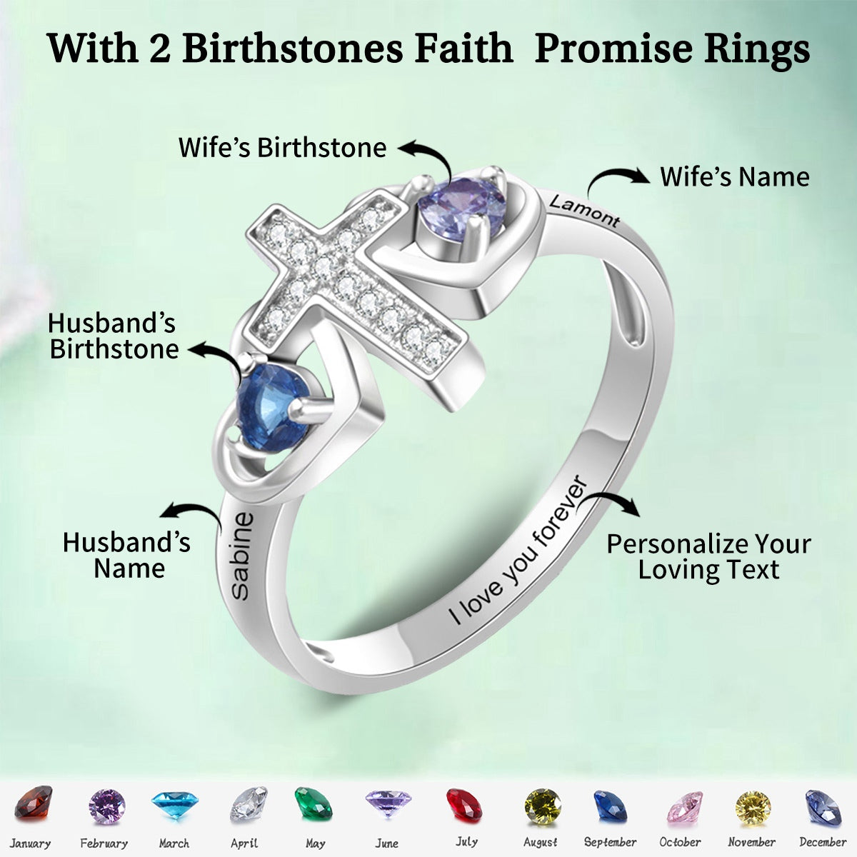 Personalized Name Faith Birthstone Promise Cross Sterling Silver Ring