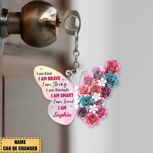 KISSFAITH- Personalized Custom Name I Am Kind Butterfly Floral Keychain