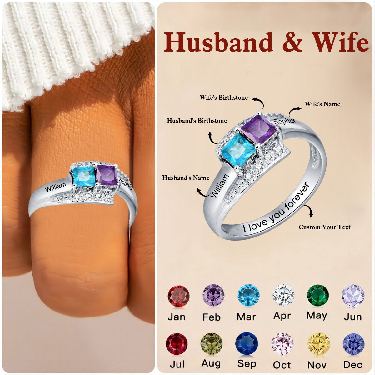 Personalized Name Birthstones Ring - Promise Gift For Couples