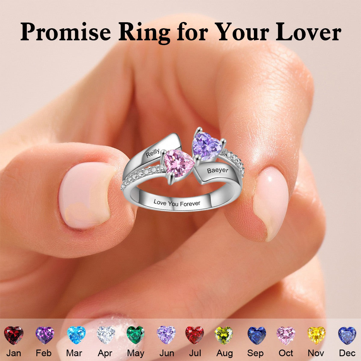 Personalized Promise Ring 2 Heart Birthstone Ring