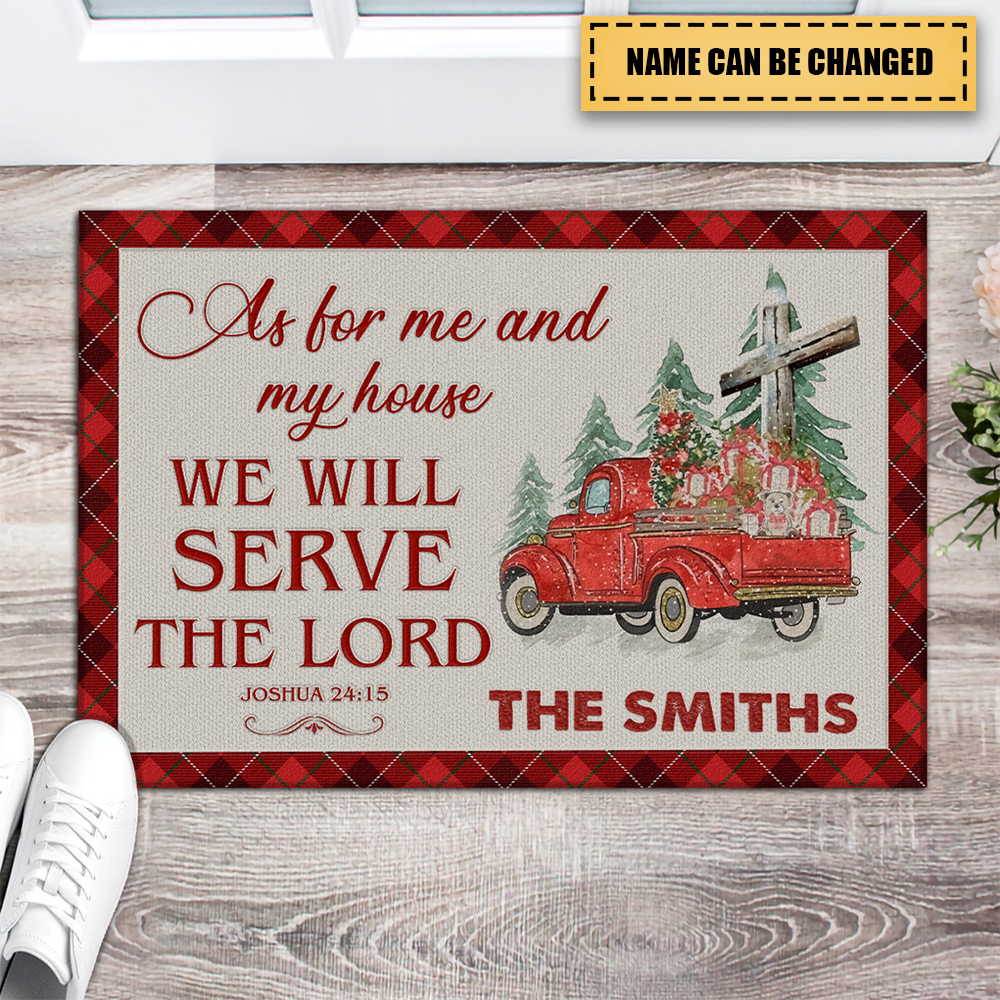 Red Tartan Truck Pine Cross As For Me And My House Personalized Doormat