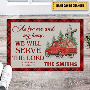 Red Tartan Truck Pine Cross As For Me And My House Personalized Doormat