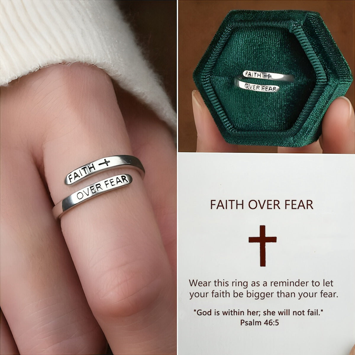 KISSFAITH-Faith Over Fear Cross Ring, Sterling Silver Adjustable Ring