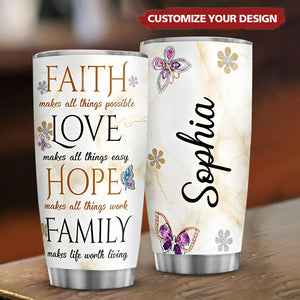 Faith Butterfly Personalized, Faith hope love family Stainless Steel Tumbler