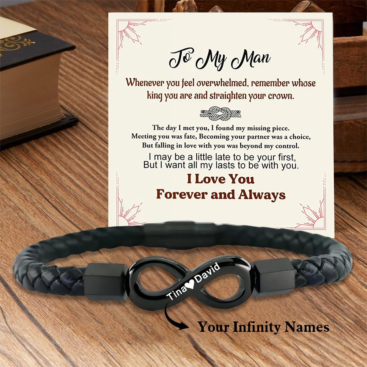 To My Man,Personalized Couple Names Infinity Leather Bracelet