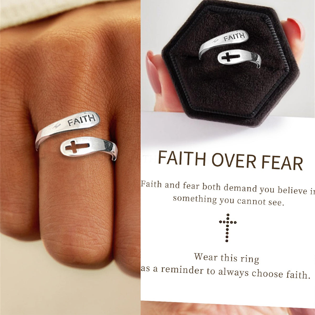 KISSFAITH-Faith Sterling Silver Cross Ring Adjustable Ring