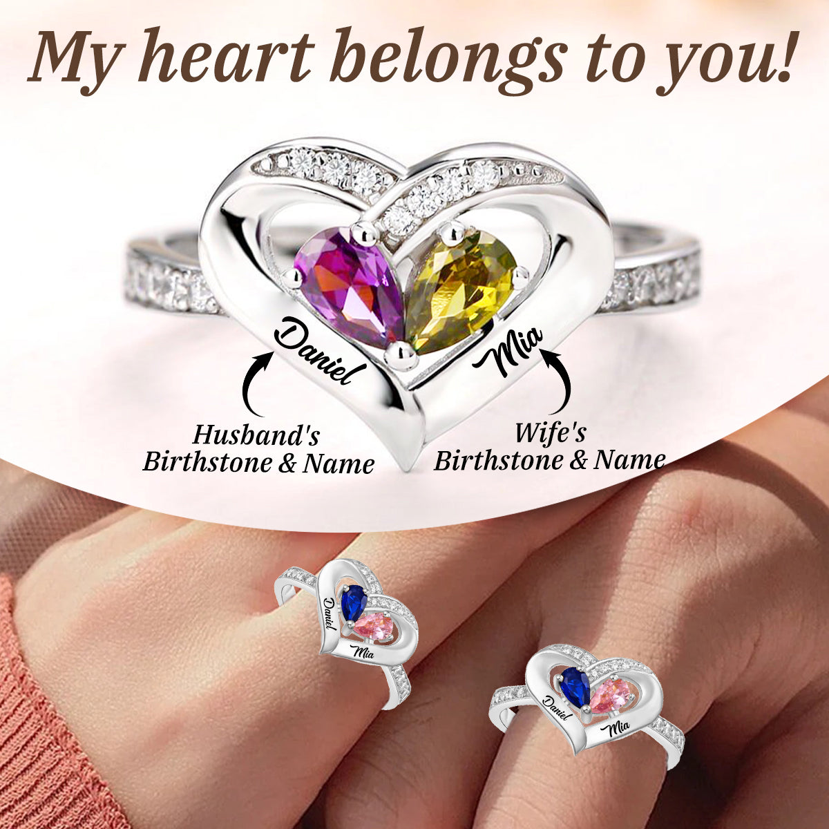 KISSFAITH-Personalized Promise Ring with Birthstones & Names