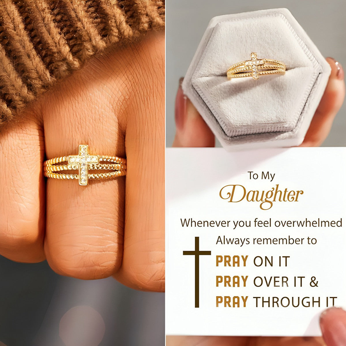 KISSFAITH-To My Daughter Pray Through It Cross Band Adjustable Ring