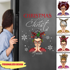 Christmas Begins With Christ Woman Praying God Jesus Personalized Sticker Decal