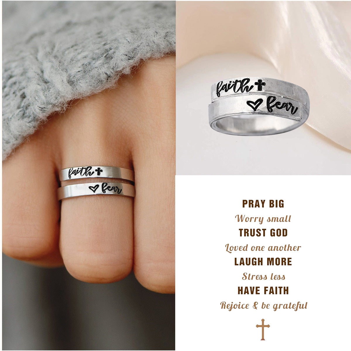 KISSFAITH- Christan Silver Cross Adjustable Ring - Faith over Fear Ring