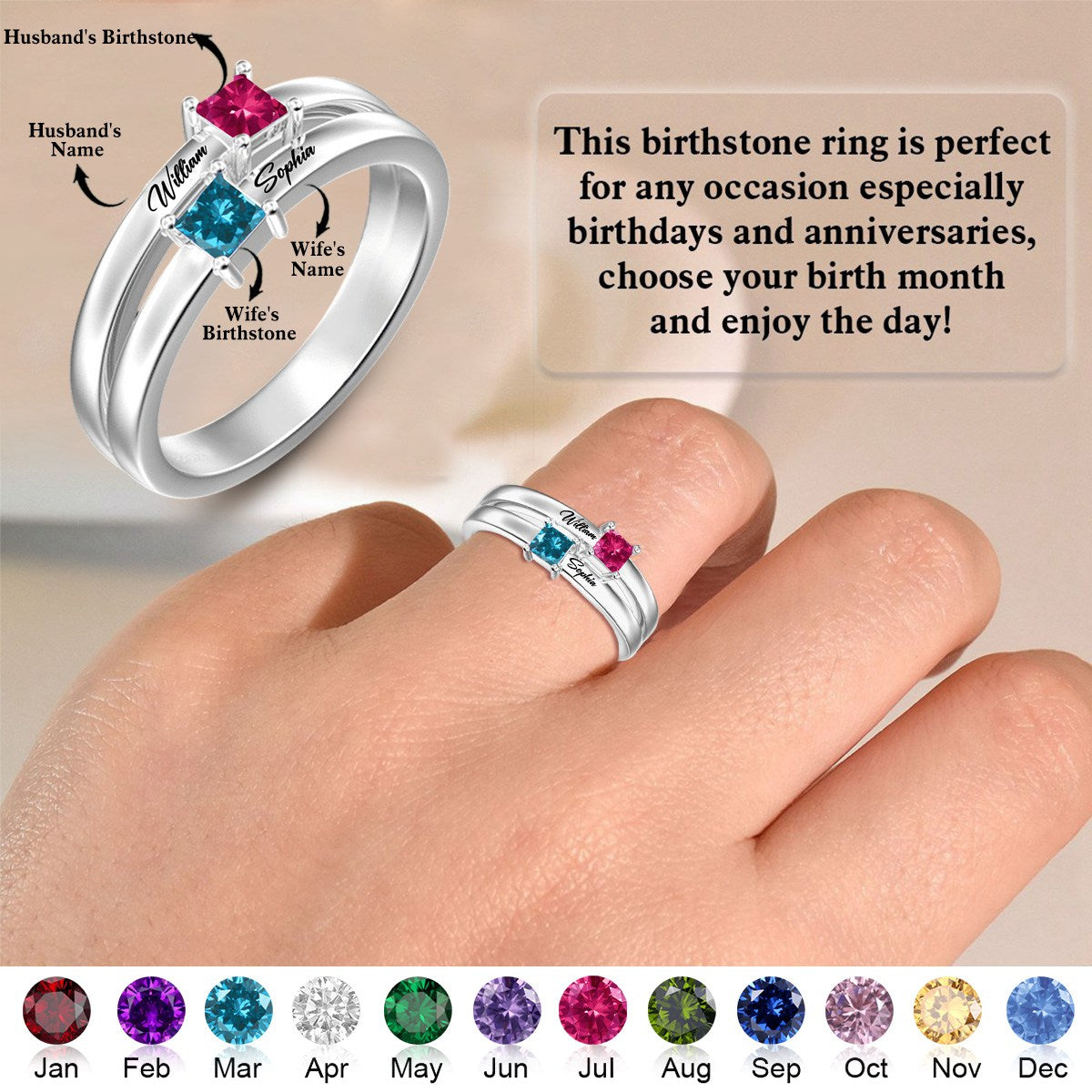 Personalized Name Birthstones Love Promise Ring