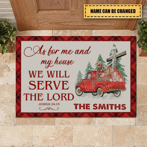 Red Tartan Truck Pine Cross As For Me And My House Personalized Doormat