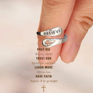 KISSFAITH- Christan Believe Sterling Silver Cross Adjustable Ring