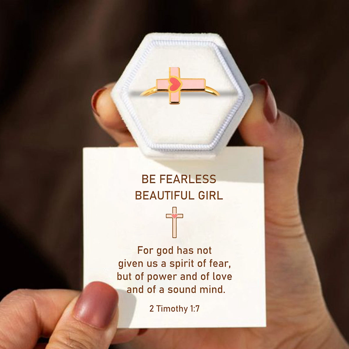 KISSFAITH-For God Has Not Given Us A Spirit Of Fear Enamel Cross Heart Ring