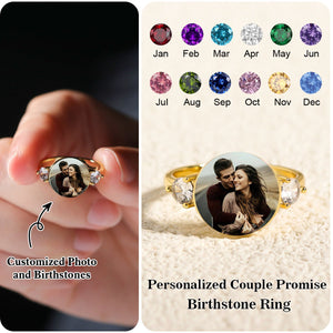 Personalized Upload Photo Couple Promise Birthstones Ring