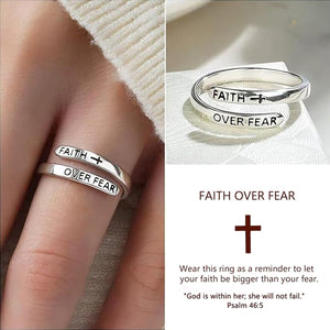 KISSFAITH-Faith Over Fear Cross Ring, Sterling Silver Adjustable Ring