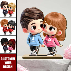 Cute Cartoon Couple Holding Hands Personalized Standing Wooden Plaque