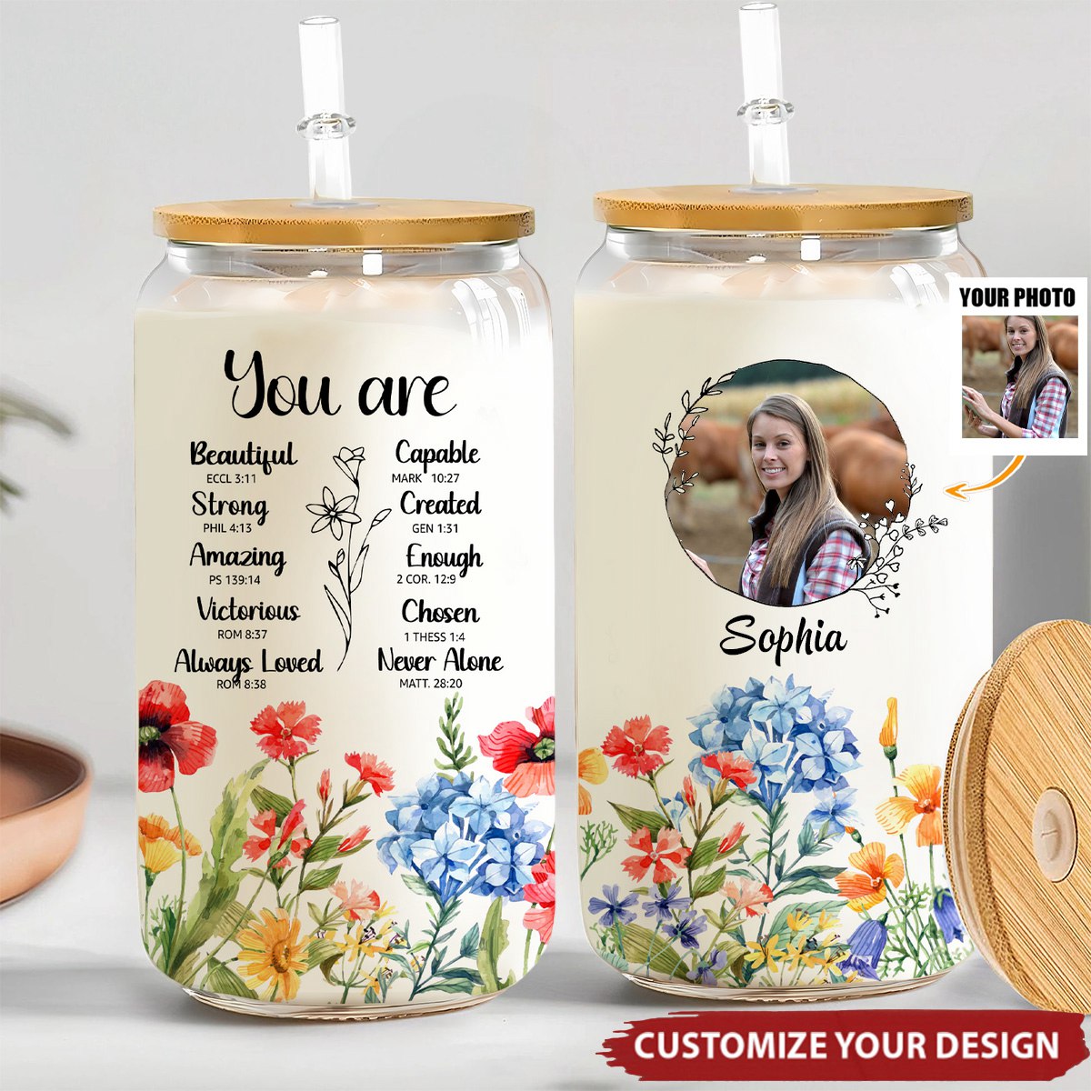 KISSFAITH-Floral You Are Bible Verse - Personalized Clear Glass Cup