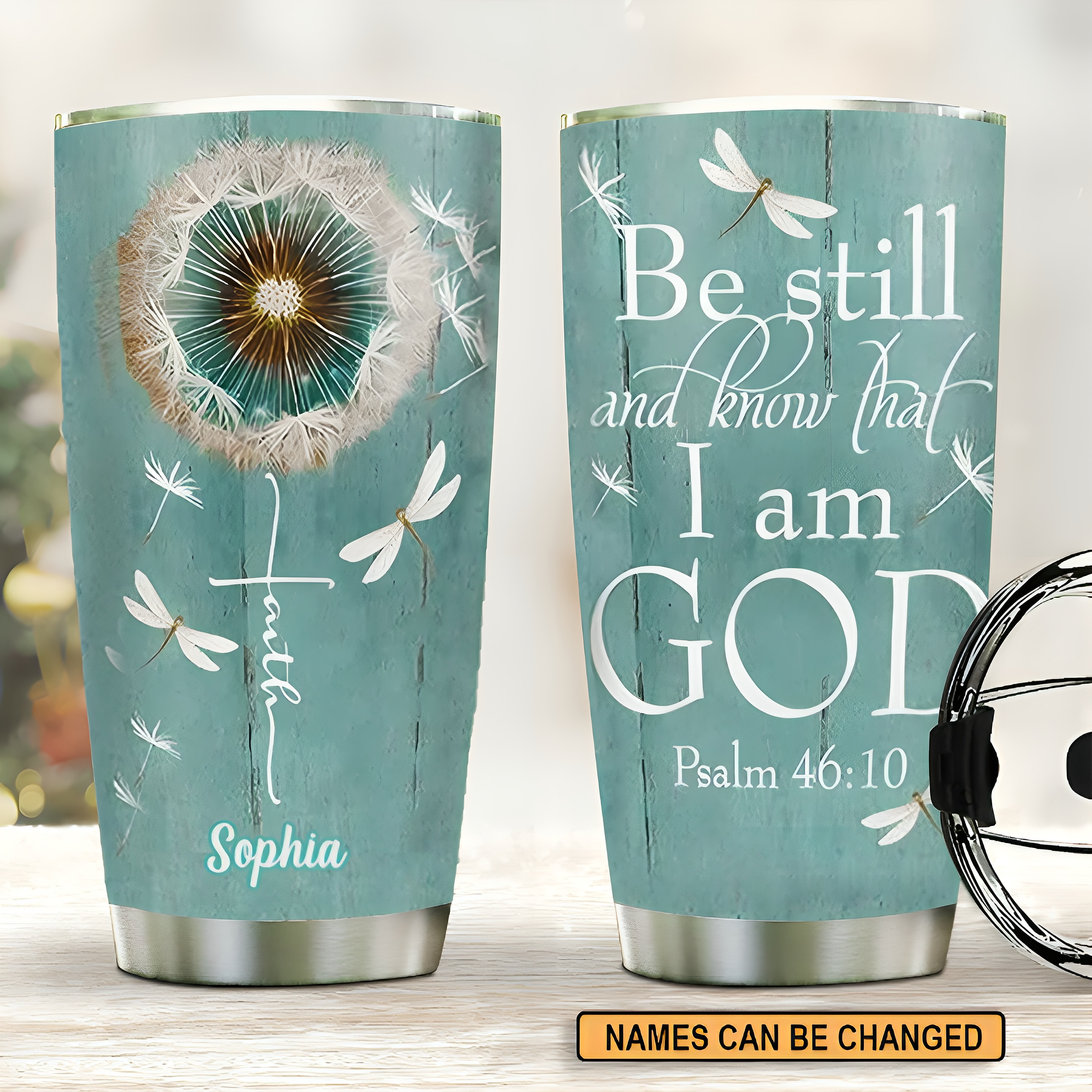 Personalized Tumbler- Religious gift Dandelion Dragonfly Faith Be Still Bible Verse