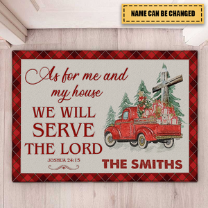 Red Tartan Truck Pine Cross As For Me And My House Personalized Doormat