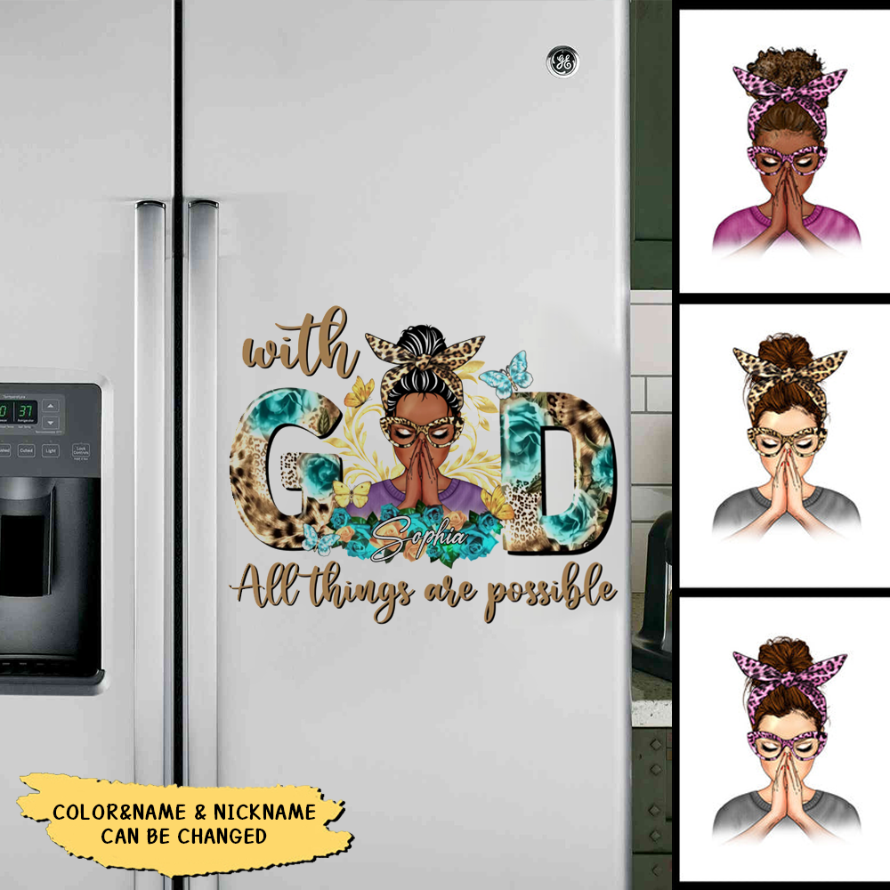 Leopard Flower Pretty Praying Woman With God All Things Are Possible Personalized Sticker Decal