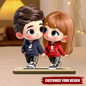 Cute Cartoon Couple Holding Hands Personalized Standing Wooden Plaque