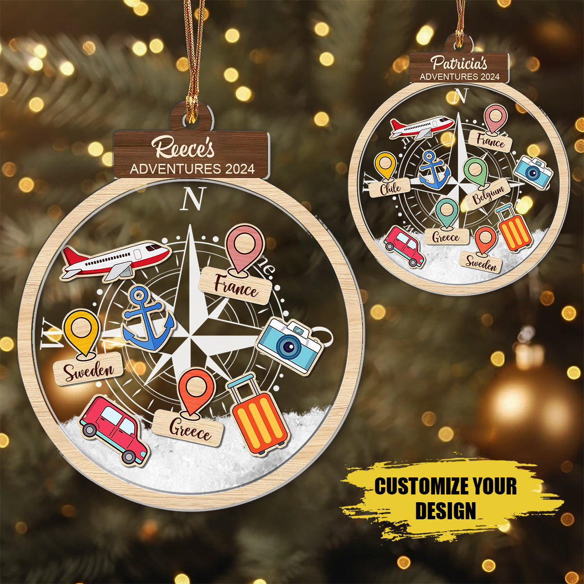 Personalized Compass Travel Adventures Ornament, Travel Christmas Ornament