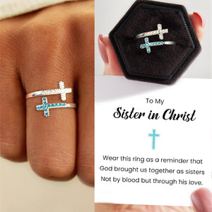 KISSFAITH-Sister In Christ Pave Double Cross Ring Adjustable Ring