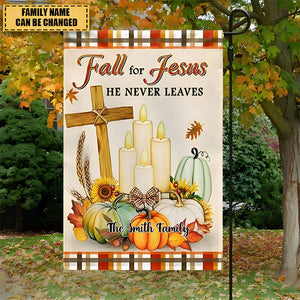 Fall For Jesus He Never Leaves - Personalized Christ Cross Pumpkins Flag