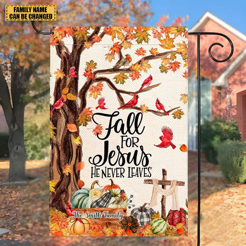 Jesus He Will Never Leave-Autumn Tree Cardinal Garden Flag