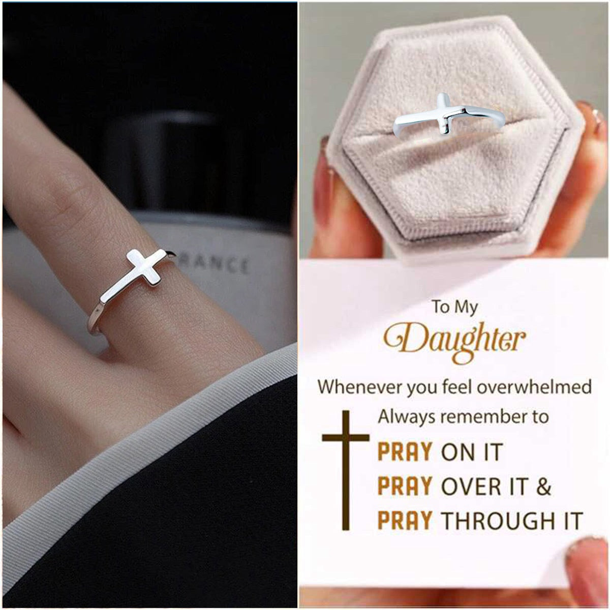 KISSFAITH-TO Daughter Cross Adjustable Ring Sterling Silver