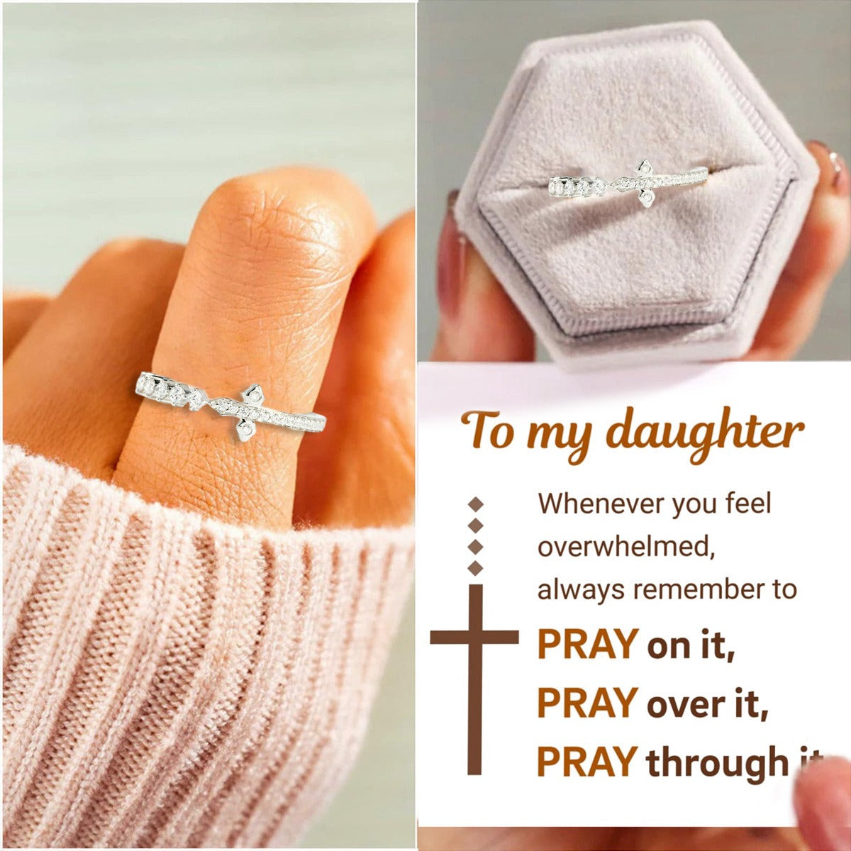 KISSFAITH-TO Daughter Pray On It Sideways Cross Adjustable Ring