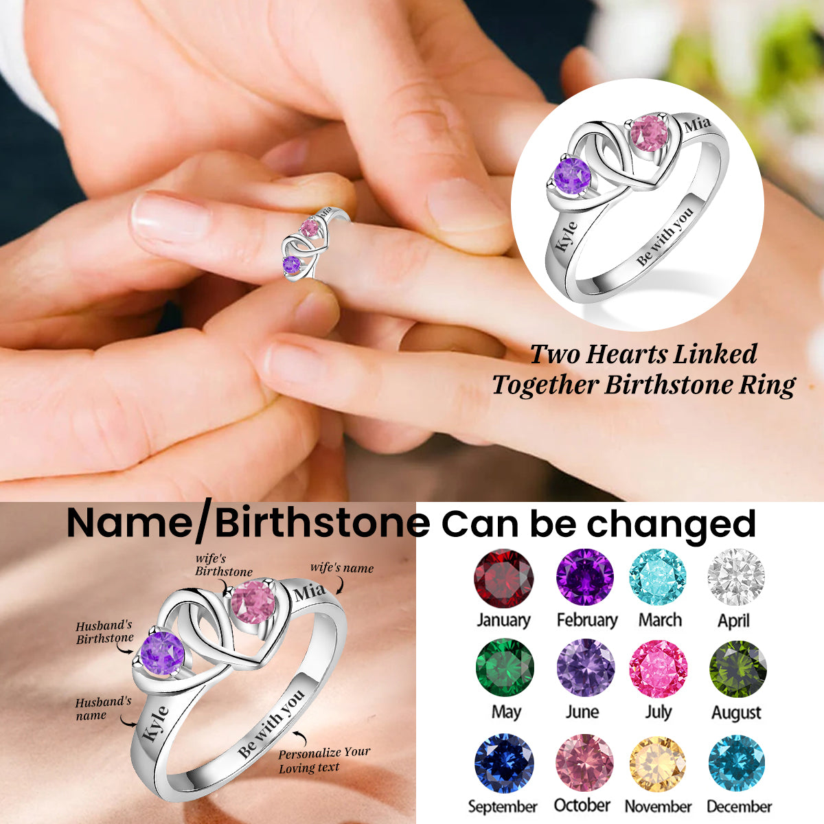 KISSFAITH-Personalized Two Hearts Birthstone Ring - Gift For Couple